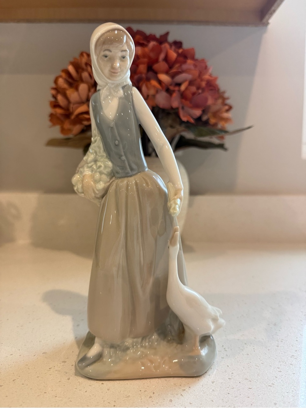 Vintage NAO Figurine: Lady with Fruit Basket Feeding Goose, Hand-Painted H 10”